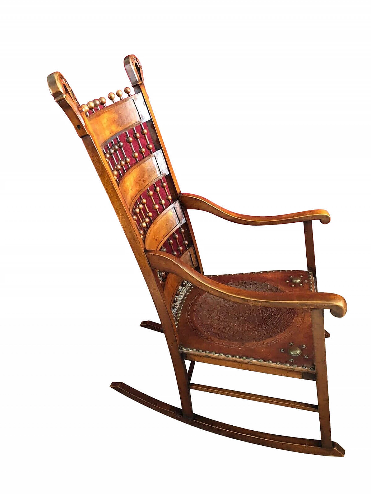 Empire rocking chair in walnut and printed leather, 19th century 1196808