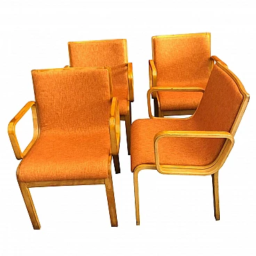 4 Armchairs in wood and fabric, 60s