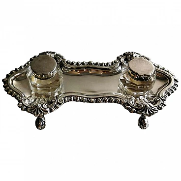 Queen Anne style Victorian inkwell in silver plated, 19th century