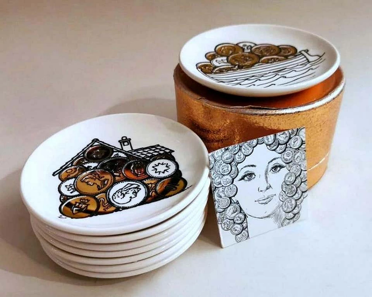 8 Coasters commissioned by Banca Unione Milano by Piero Fornasetti, 70s 1197364