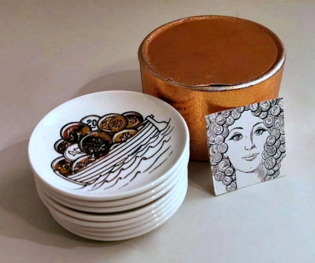 8 Coasters commissioned by Banca Unione Milano by Piero Fornasetti, 70s 1197365