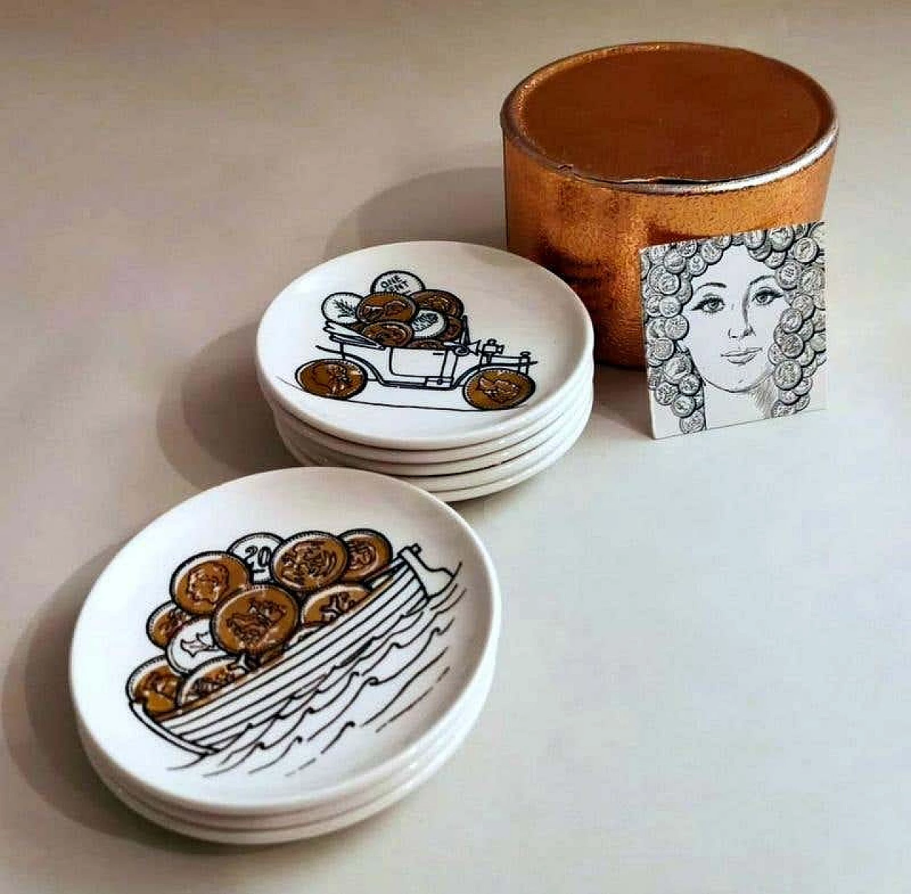 8 Coasters commissioned by Banca Unione Milano by Piero Fornasetti, 70s 1197366