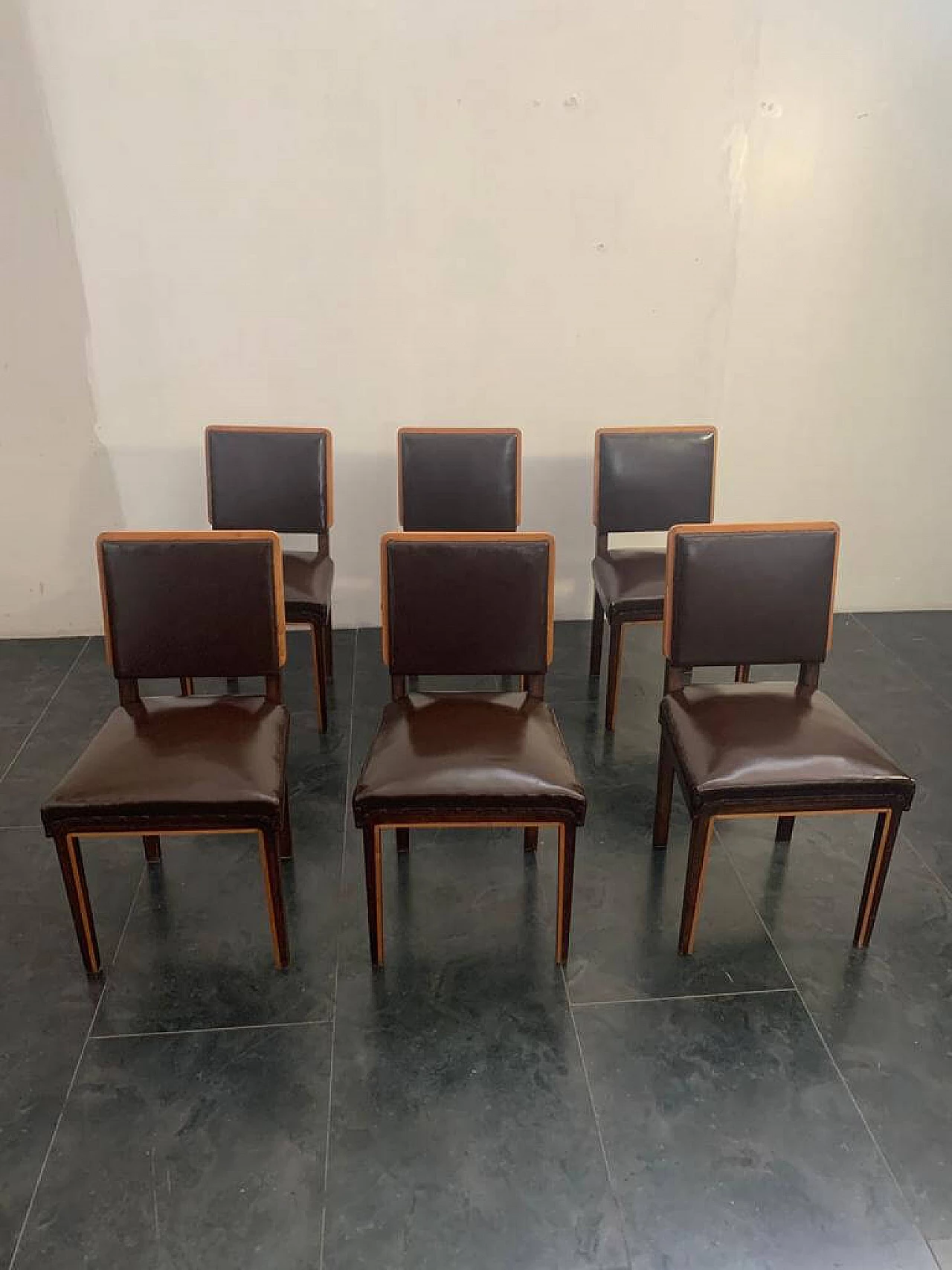 6 Art Deco dining chairs in elm, maple and leatherette, 1940s 1197472