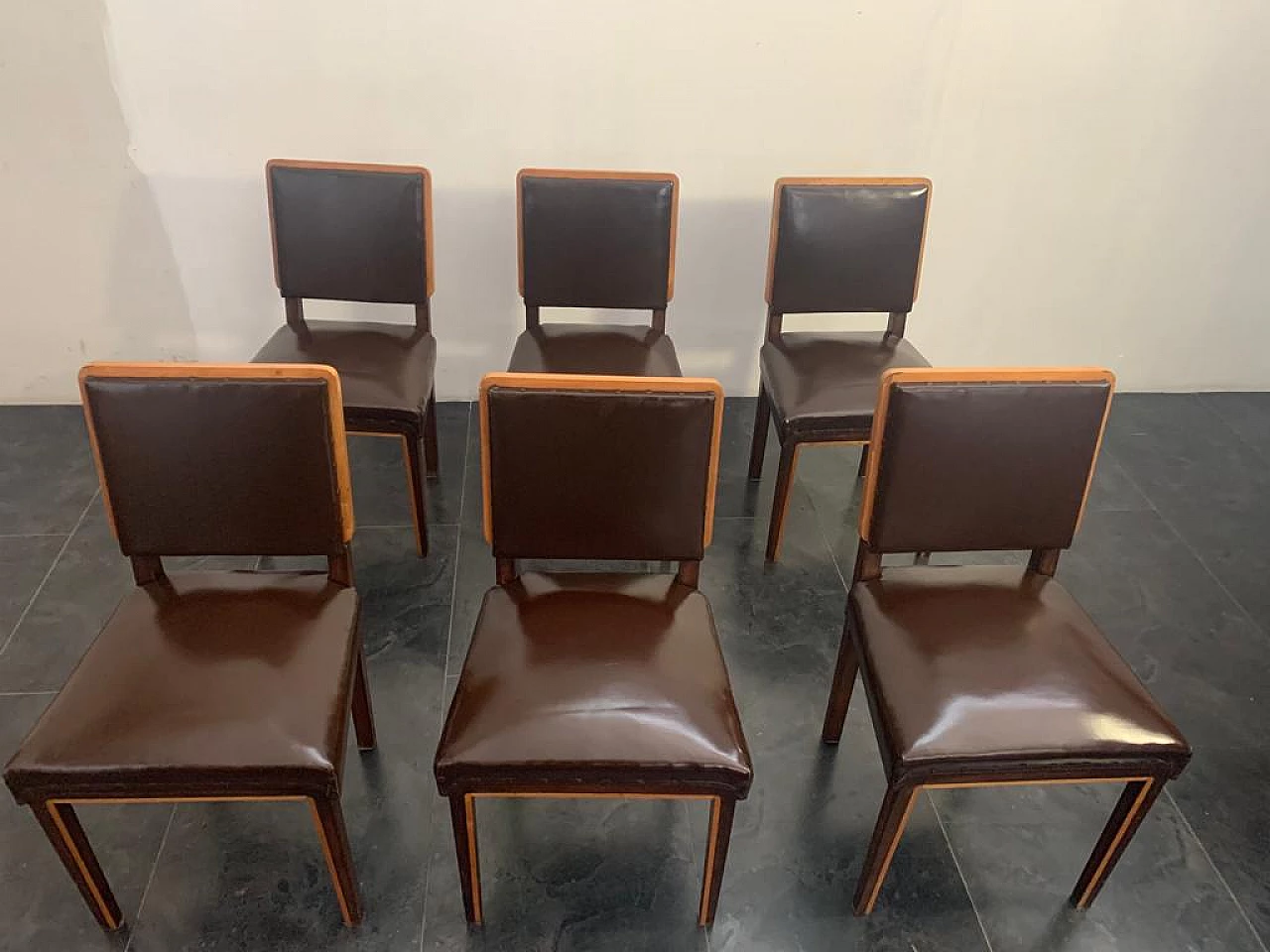6 Art Deco dining chairs in elm, maple and leatherette, 1940s 1197473