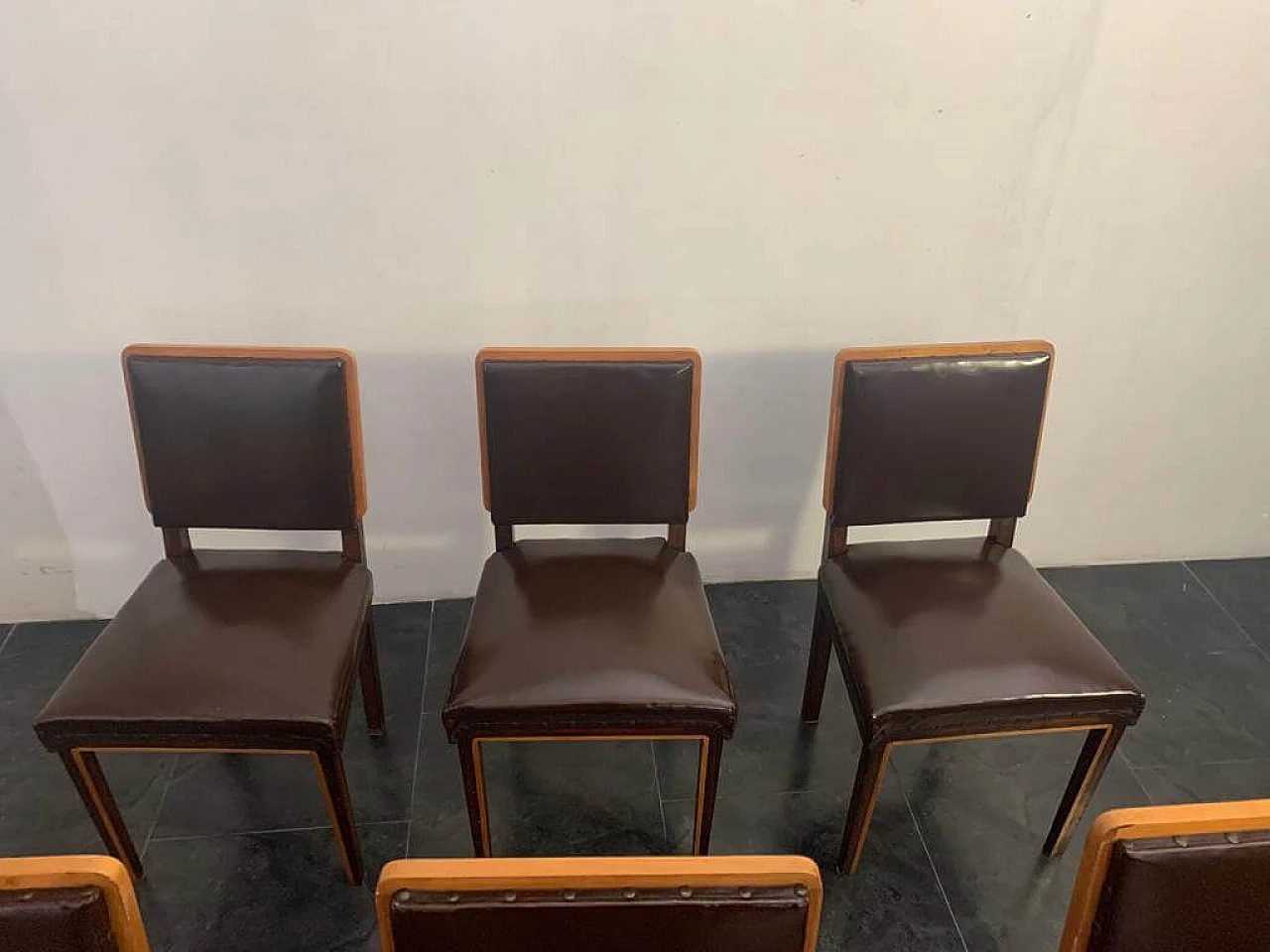 6 Art Deco dining chairs in elm, maple and leatherette, 1940s 1197474