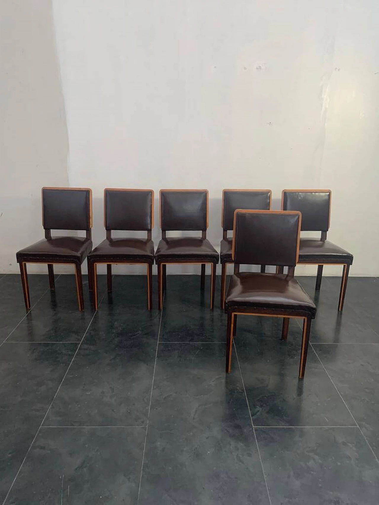 6 Art Deco dining chairs in elm, maple and leatherette, 1940s 1197475