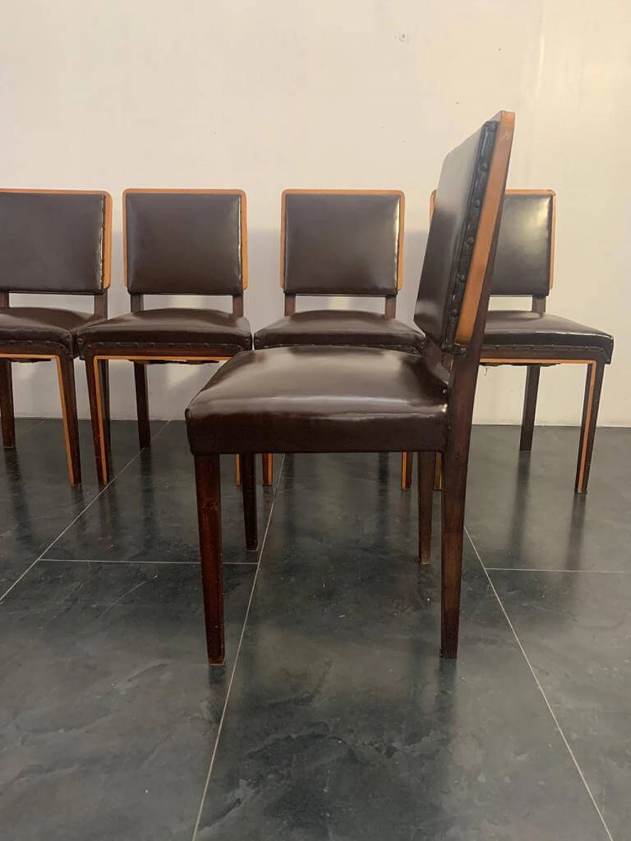 6 Art Deco dining chairs in elm, maple and leatherette, 1940s 1197477