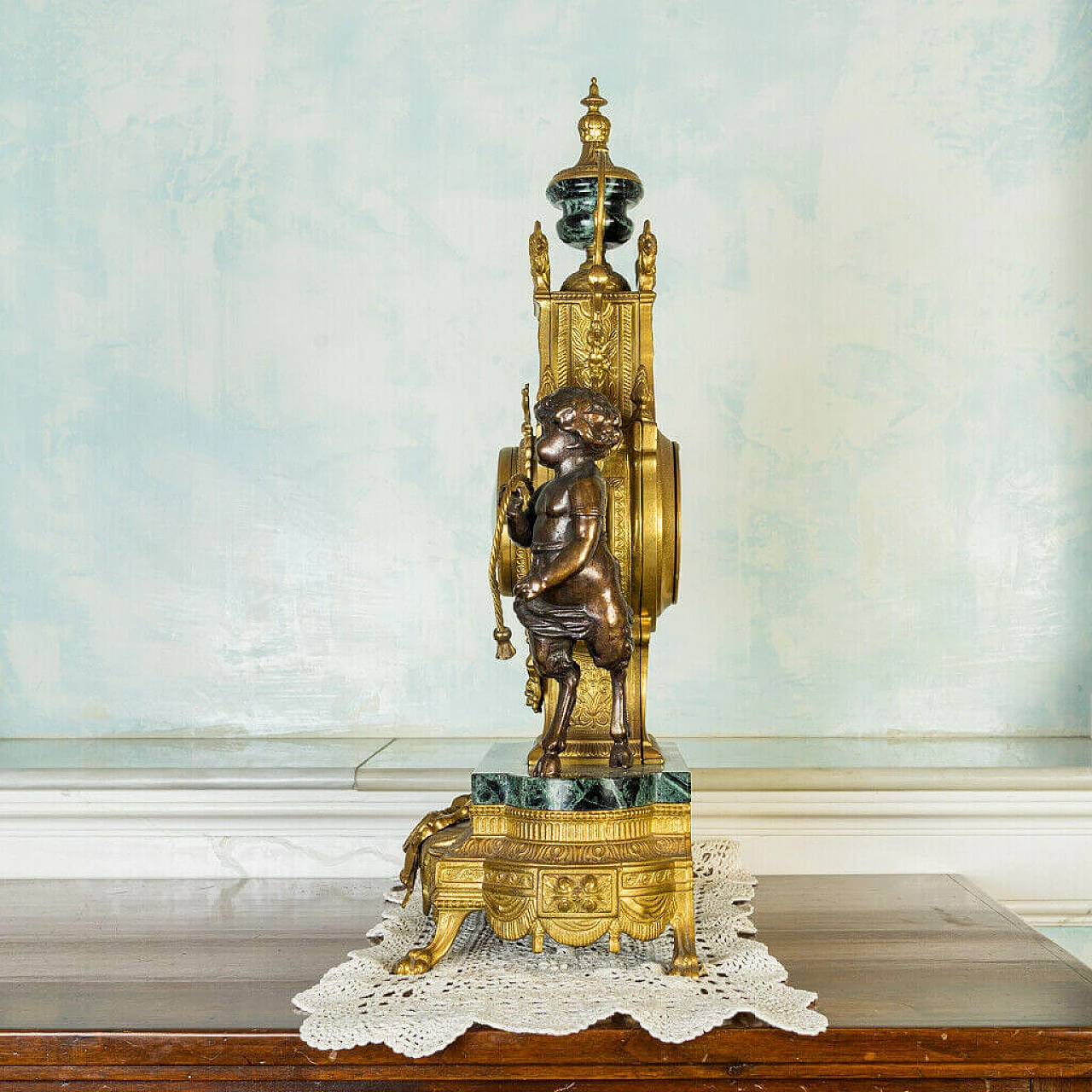 Pair of candelabra and clock in Verde Alpi marble and bronze, 50s 1197743