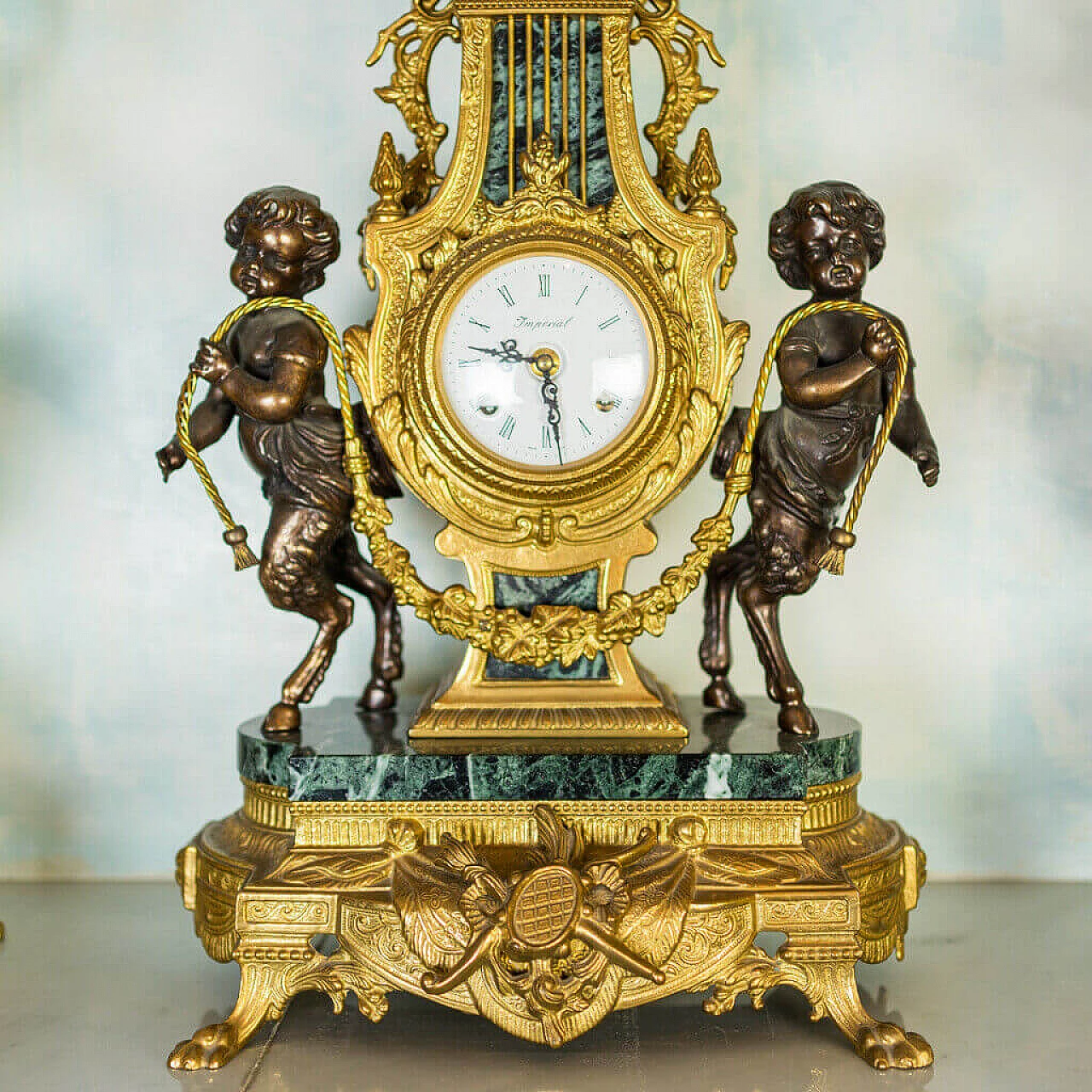 Pair of candelabra and clock in Verde Alpi marble and bronze, 50s 1197745