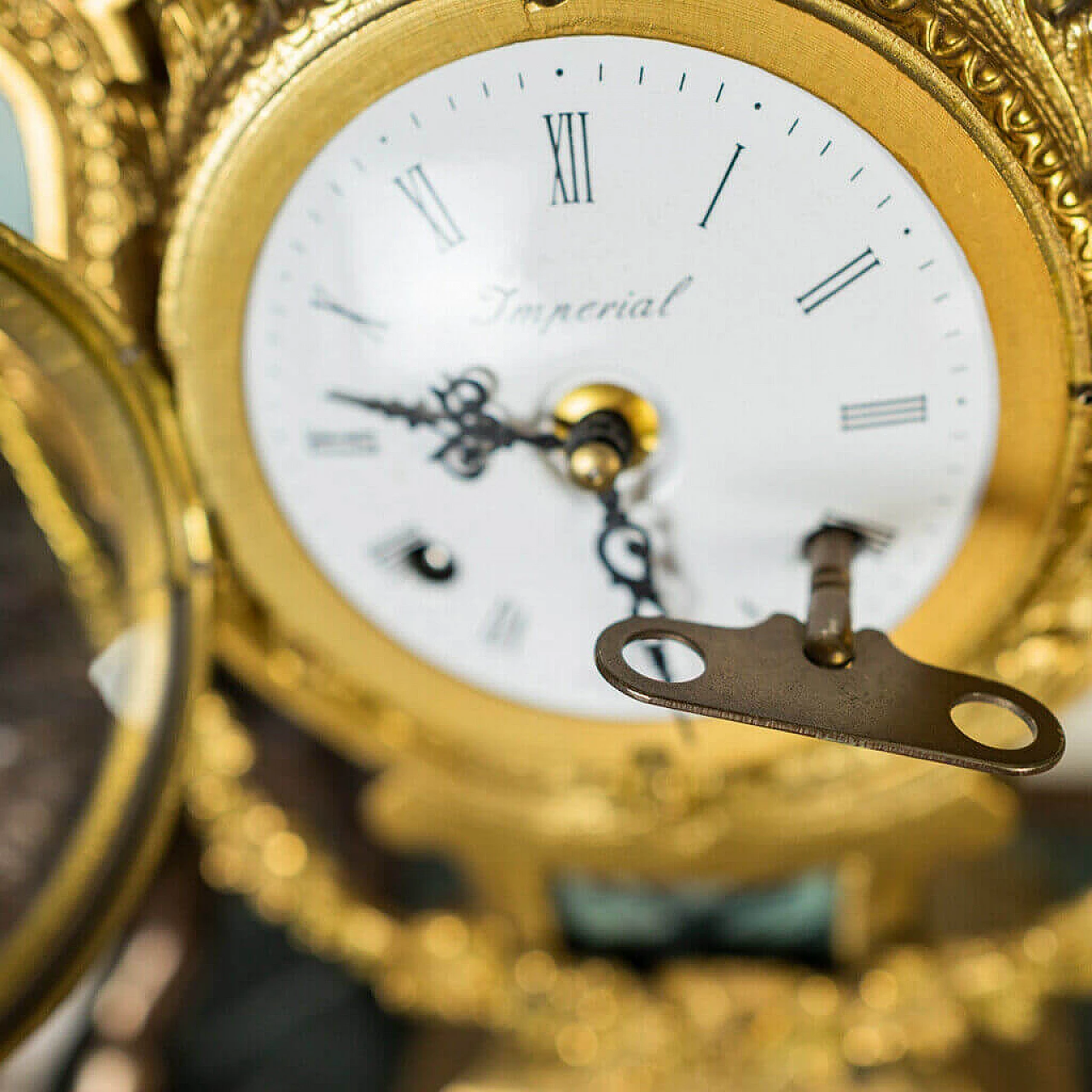 Pair of candelabra and clock in Verde Alpi marble and bronze, 50s 1197746