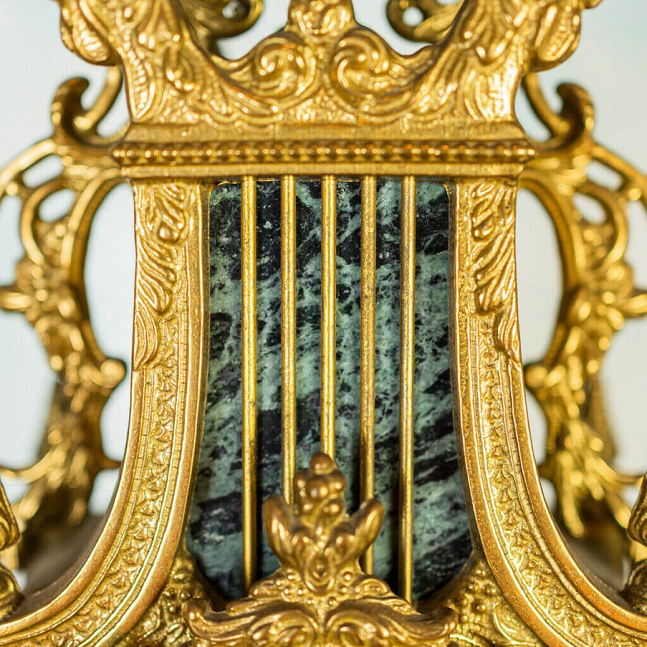 Pair of candelabra and clock in Verde Alpi marble and bronze, 50s 1197749