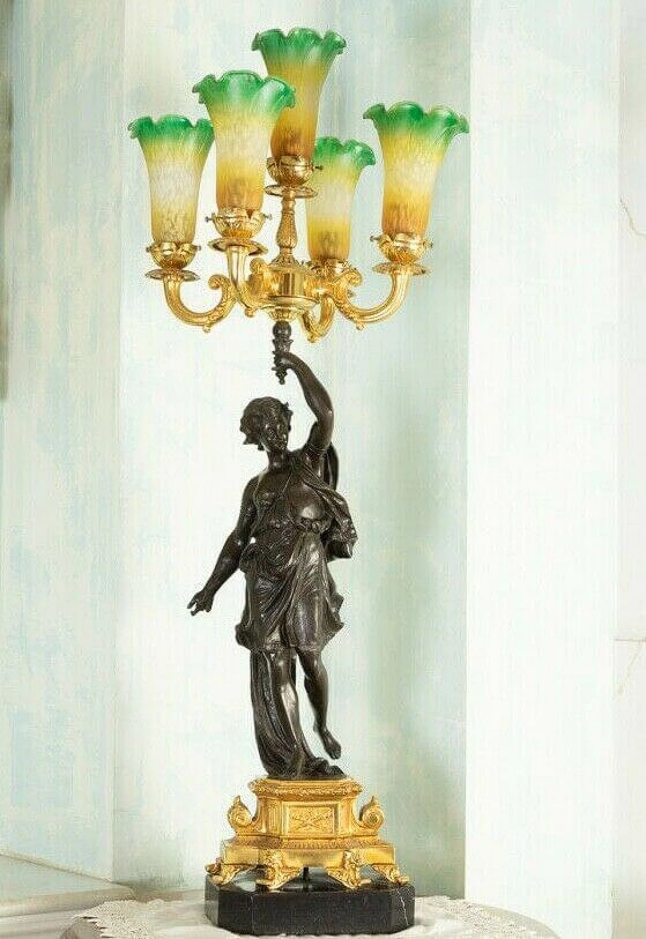 Lampada da tavolo a 5 luci con statua in bronzo, '800 1197776