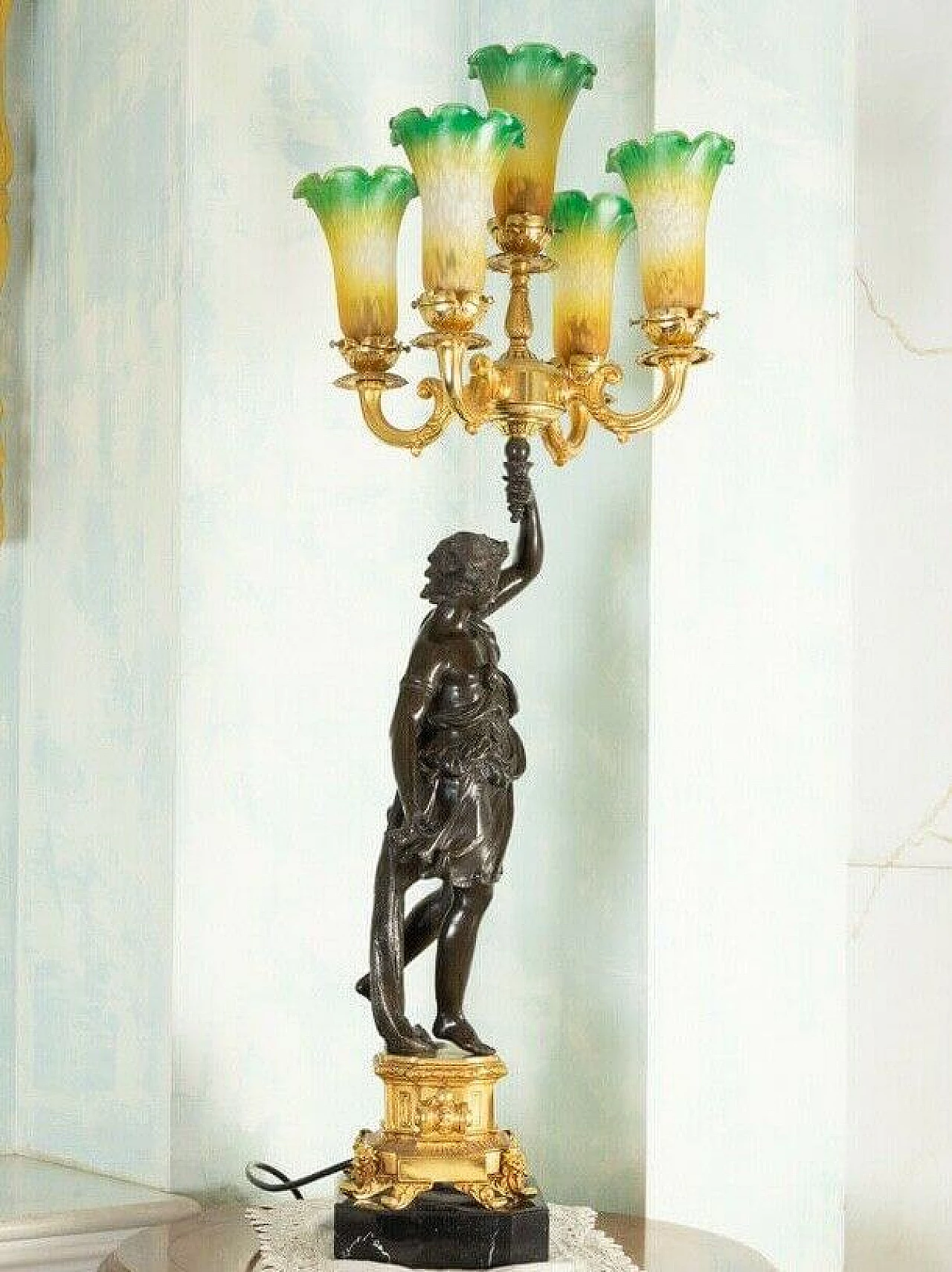 Lampada da tavolo a 5 luci con statua in bronzo, '800 1197777
