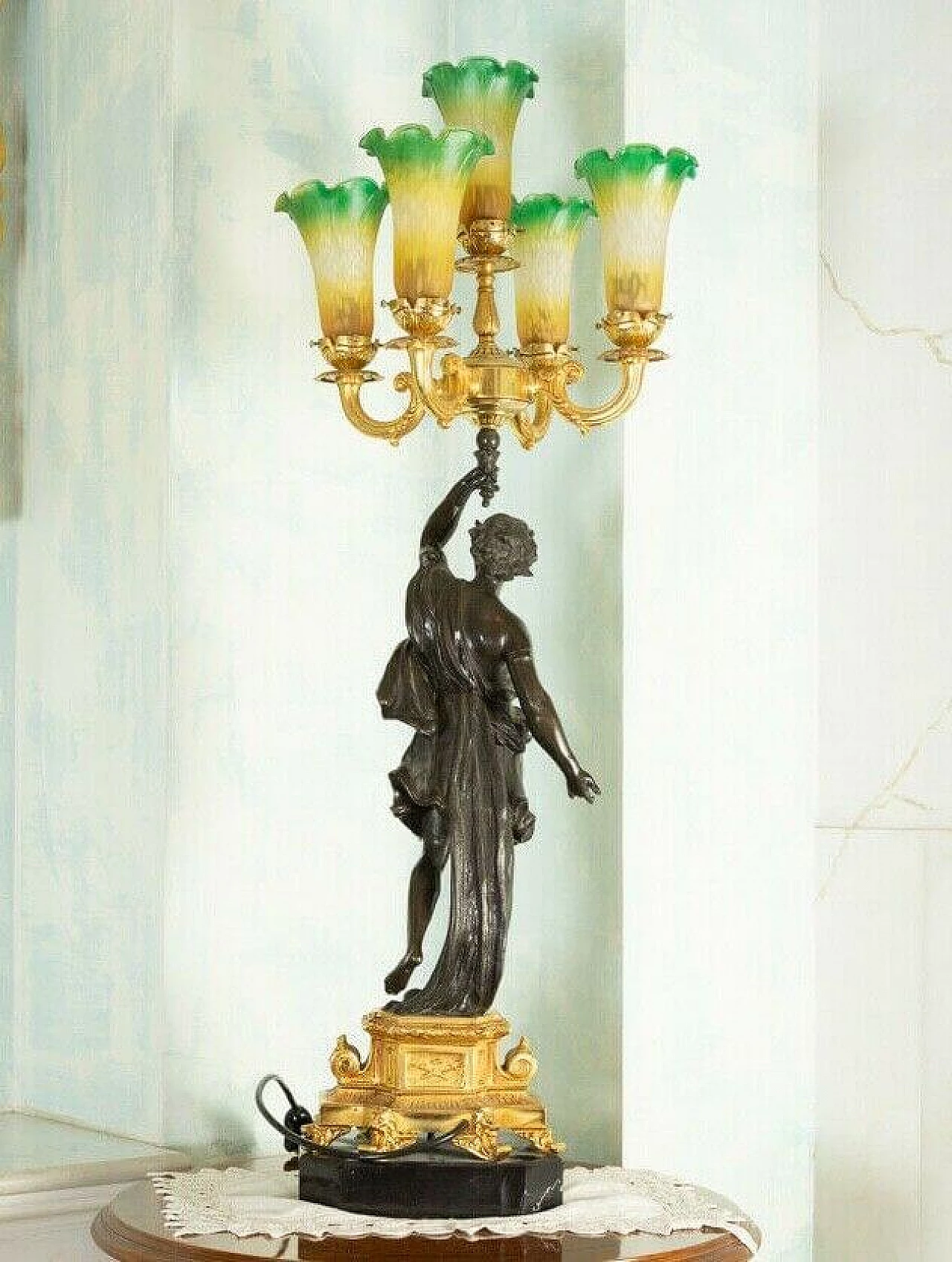 Lampada da tavolo a 5 luci con statua in bronzo, '800 1197778