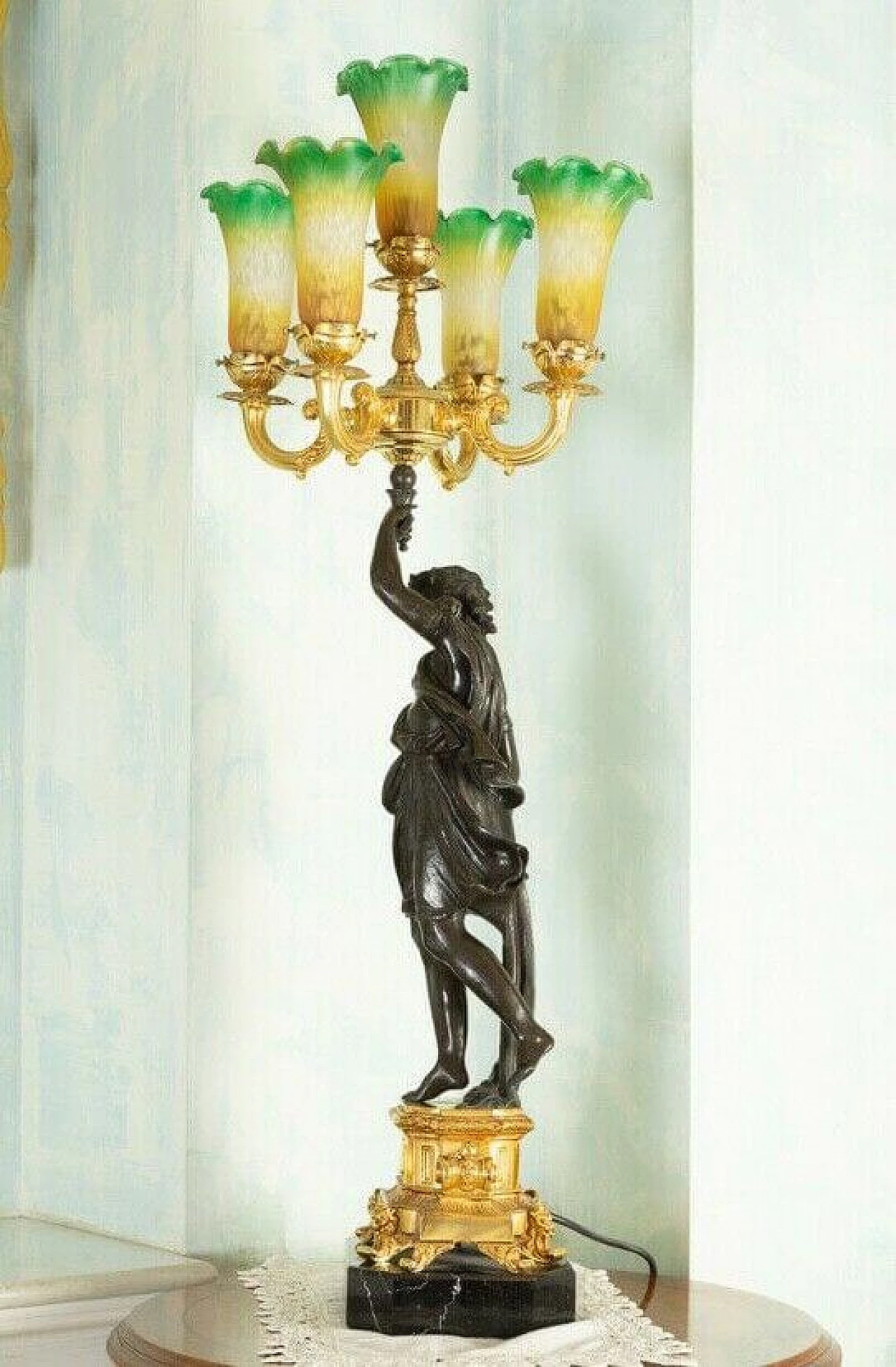 Lampada da tavolo a 5 luci con statua in bronzo, '800 1197779