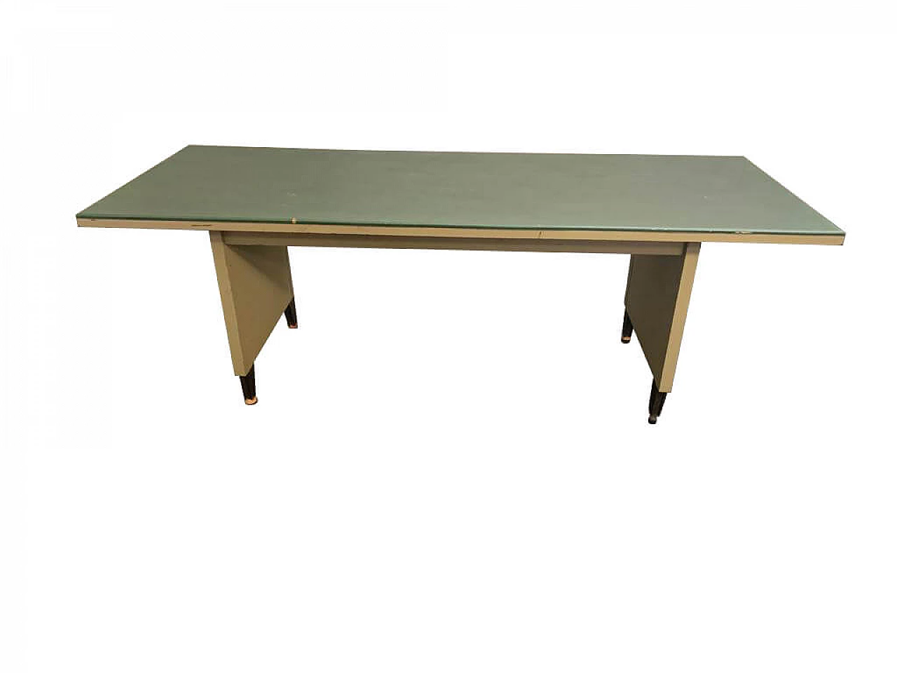 Grande tavolo da lavoro in metallo e similpelle, anni '50 1197859