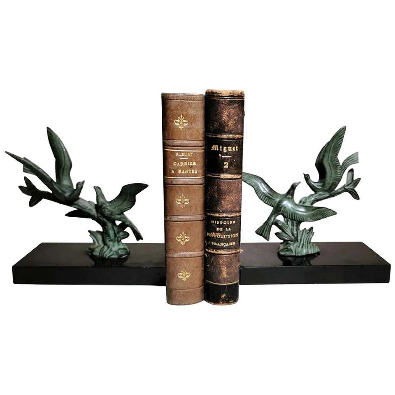 Pair of Art Deco bookends with metal birds and Marquinia marble, 20s 1197926