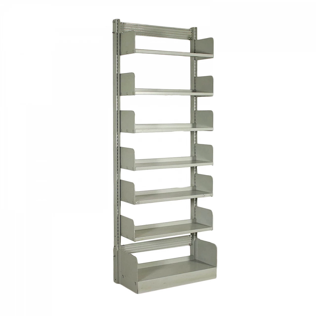 Bookcase with positionable shelves in enameled metal, 70s 1198088