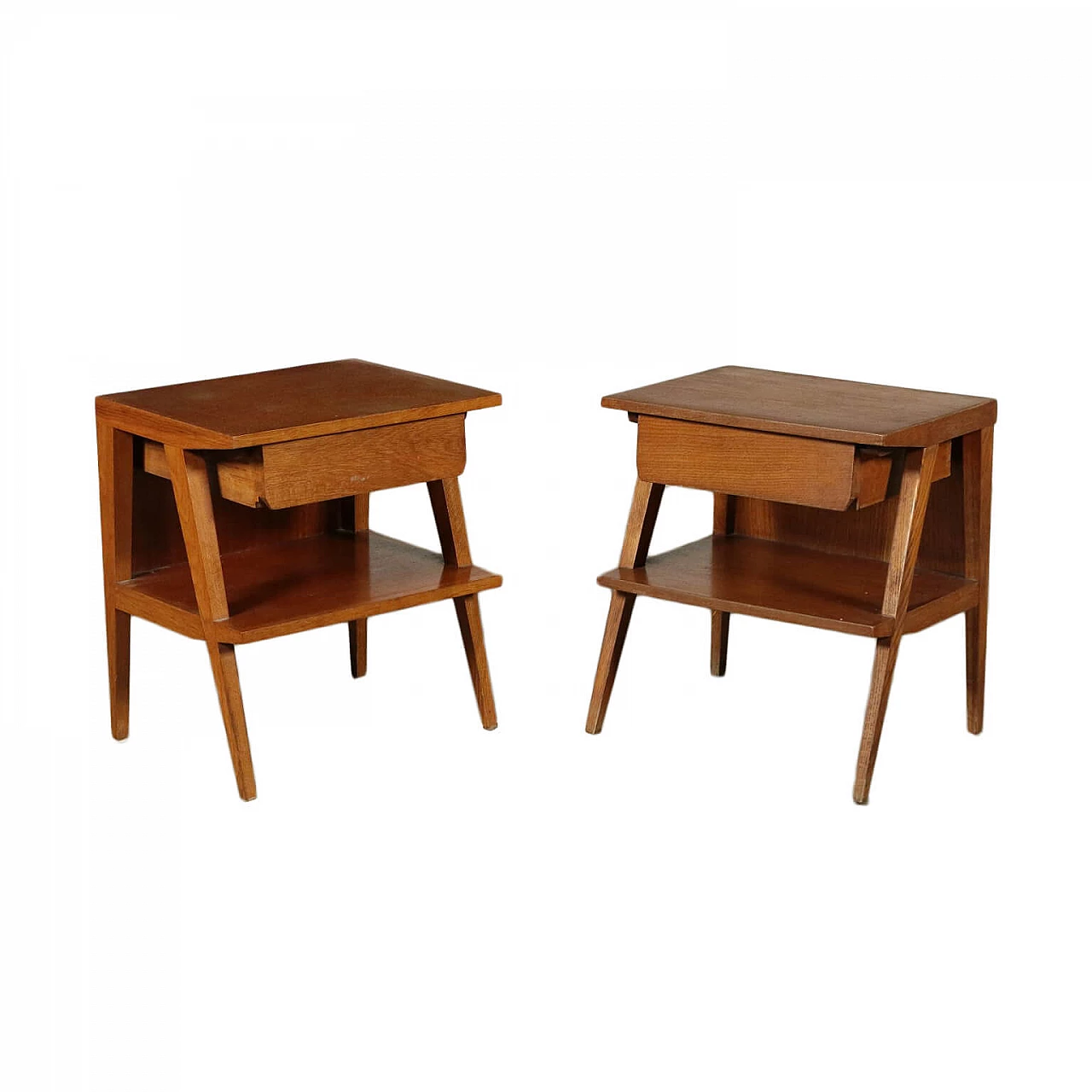 Pair of bedside tables with drawer veneered in oak, 50s 1198176