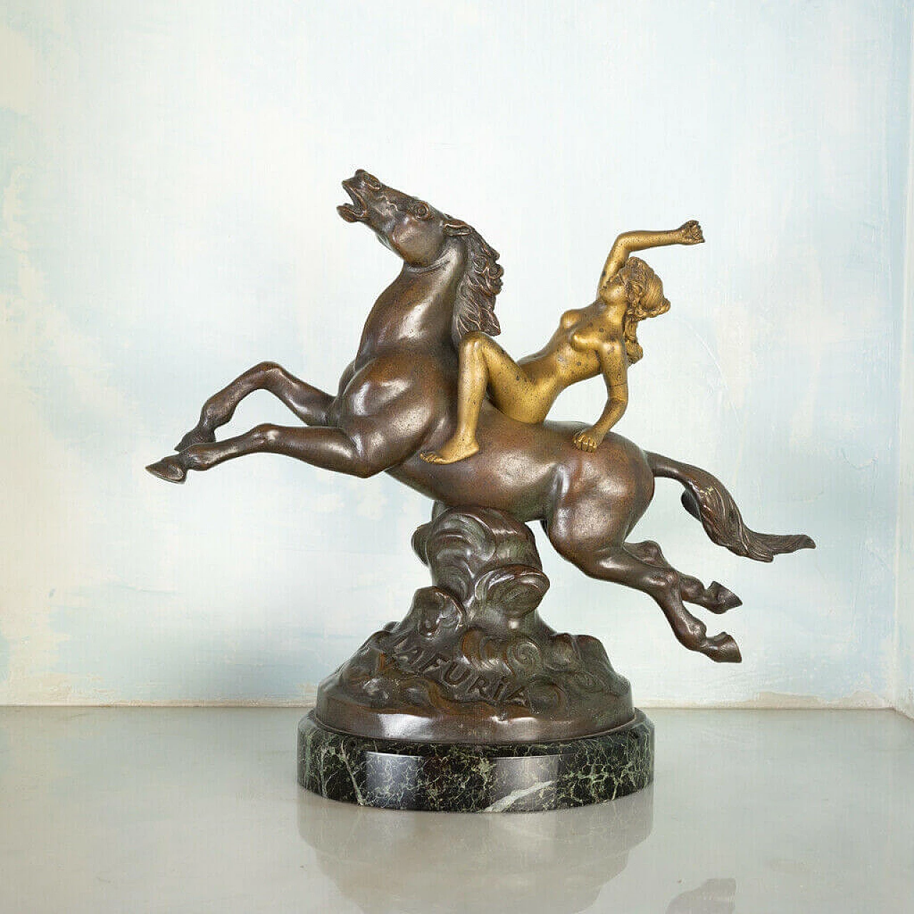 Statua in bronzo e marmo portoro La Furia, fine '800 1198427