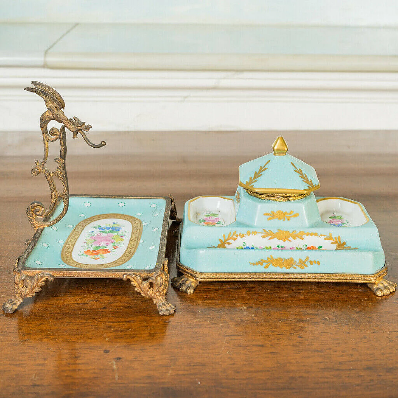 Inkwell and card holder in porcelain and gilt bronze, 19th century 1198437