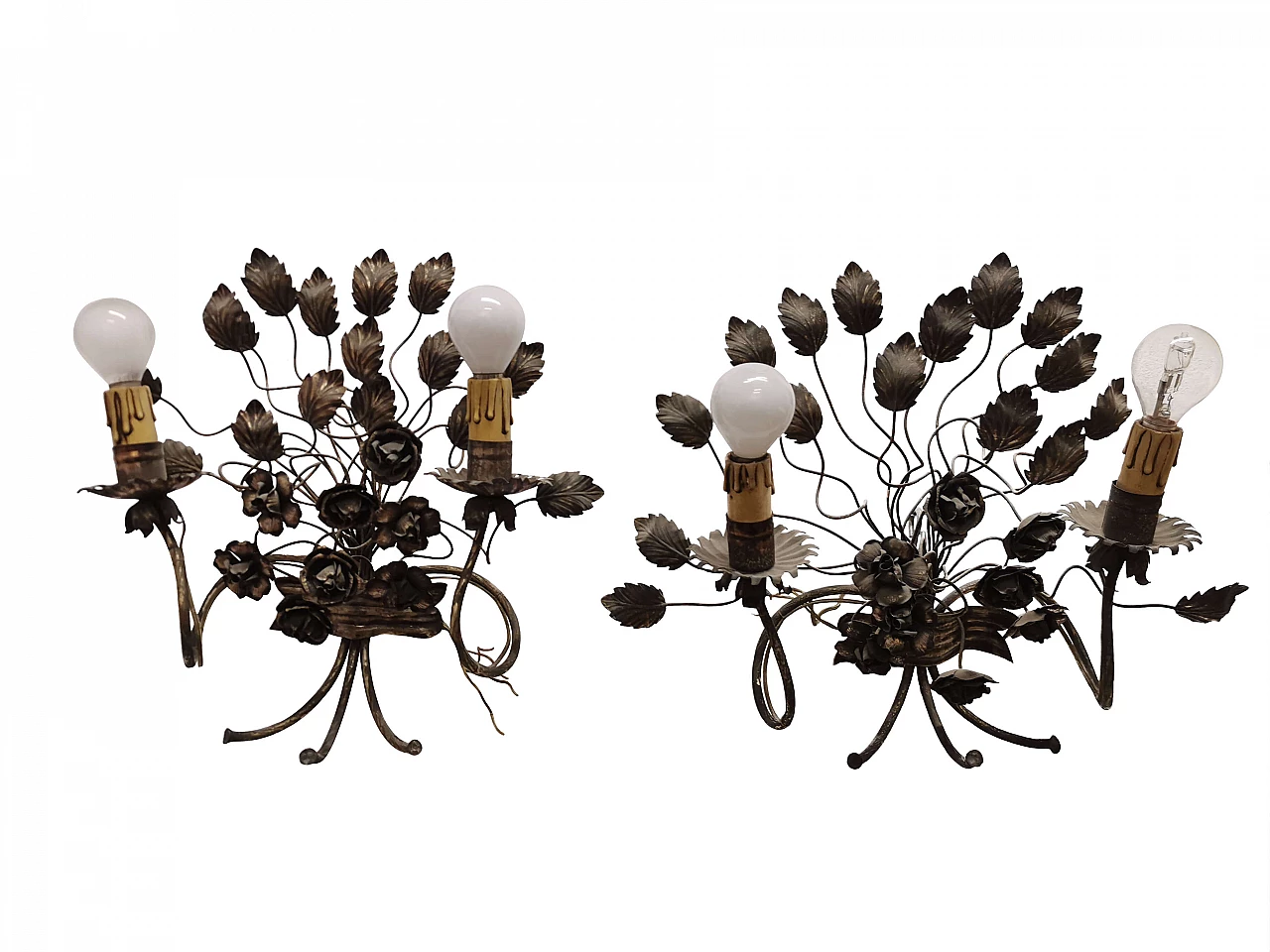 Pair of floral sconces in handcrafted silver plated iron, 50s 1198534