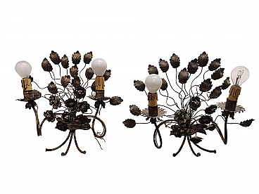 Pair of floral sconces in handcrafted silver plated iron, 50s