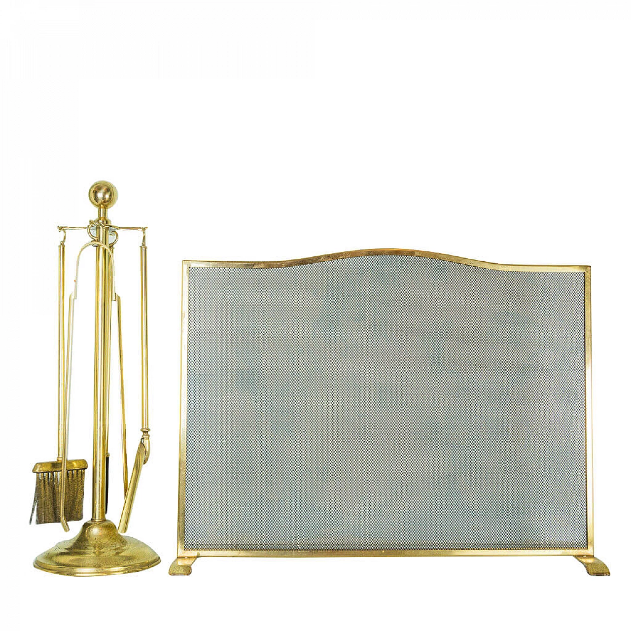 Set parascintille e utensili da camino in ottone, sec XIX 1198570