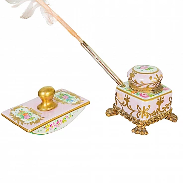 Inkwell and blotter in porcelain and gilt bronze, 19th century