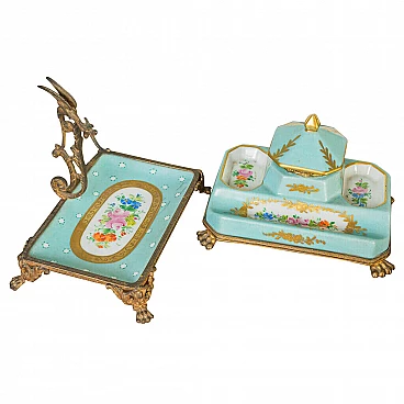Inkwell and card holder in porcelain and gilt bronze, 19th century