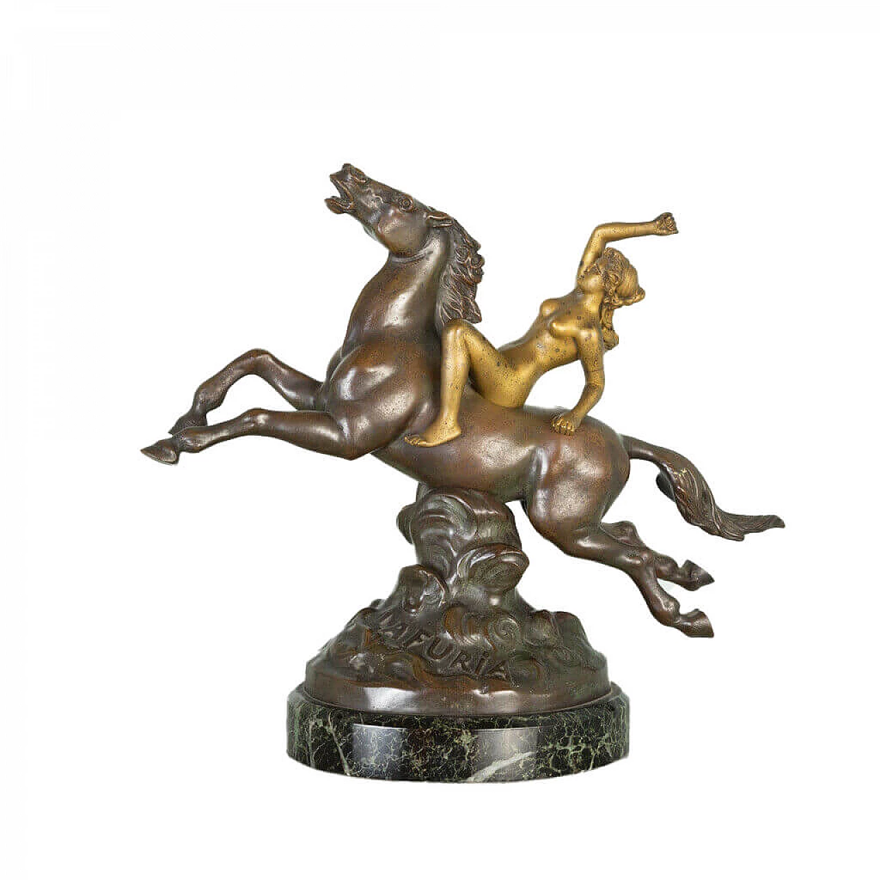 Statua in bronzo e marmo portoro La Furia, fine '800 1198583