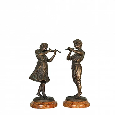Coppia di statue in bronzo di suonatori, fine '800