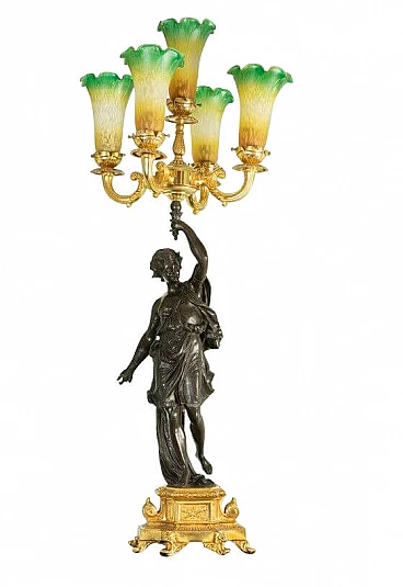 Lampada da tavolo a 5 luci con statua in bronzo, '800