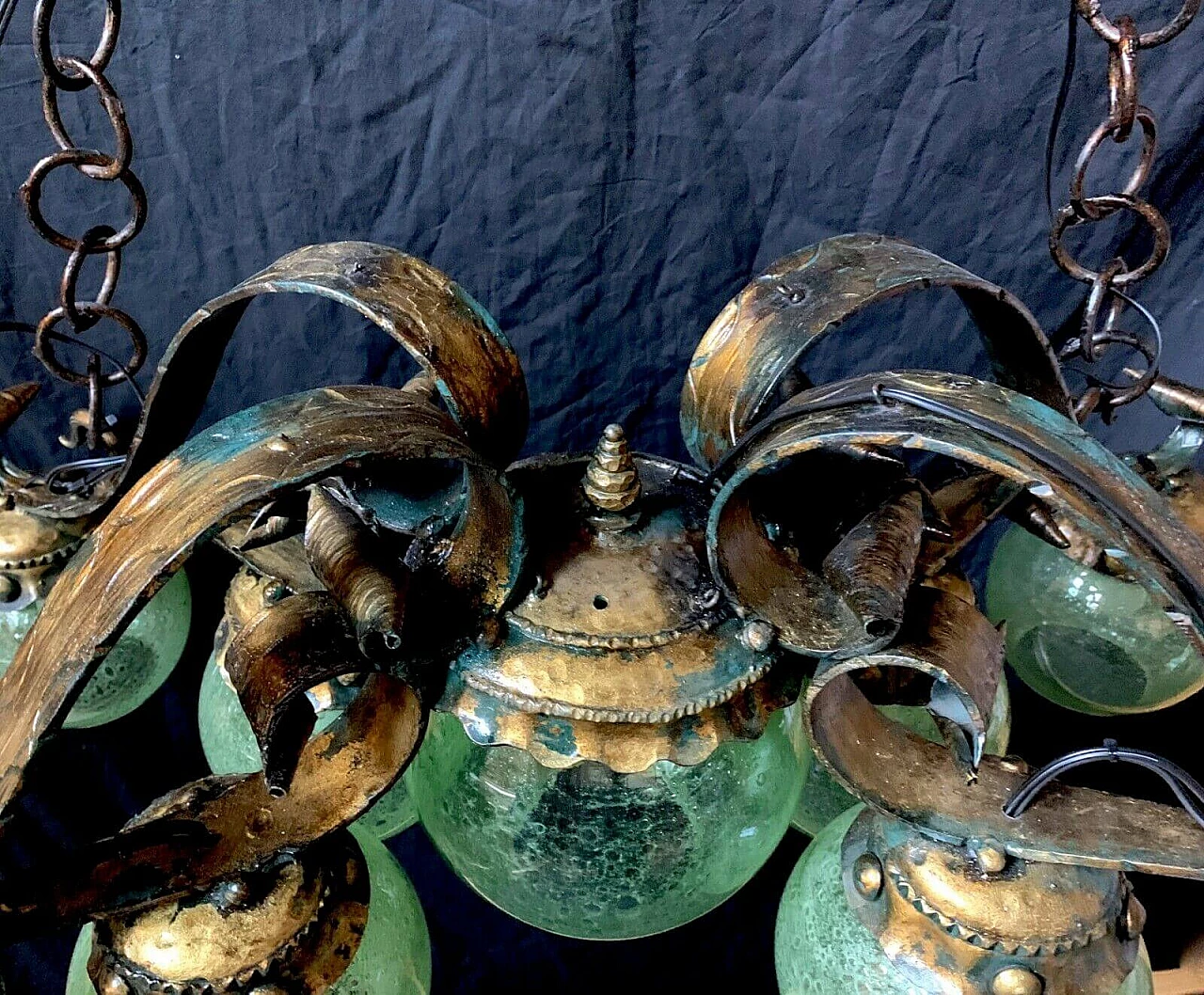 Lampadario in ferro battuto e vetro di Murano di Longobard, anni '60 1198801