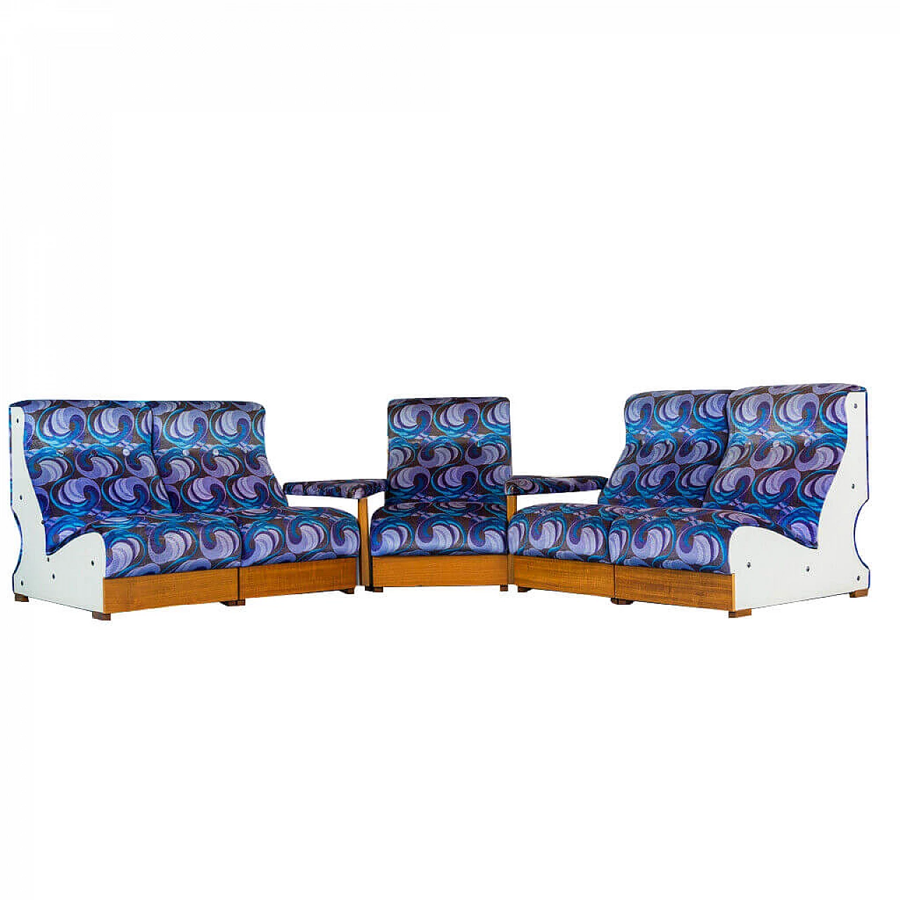 5 Modular armchairs and pair of corners in wood and velvet, 70s 1199218
