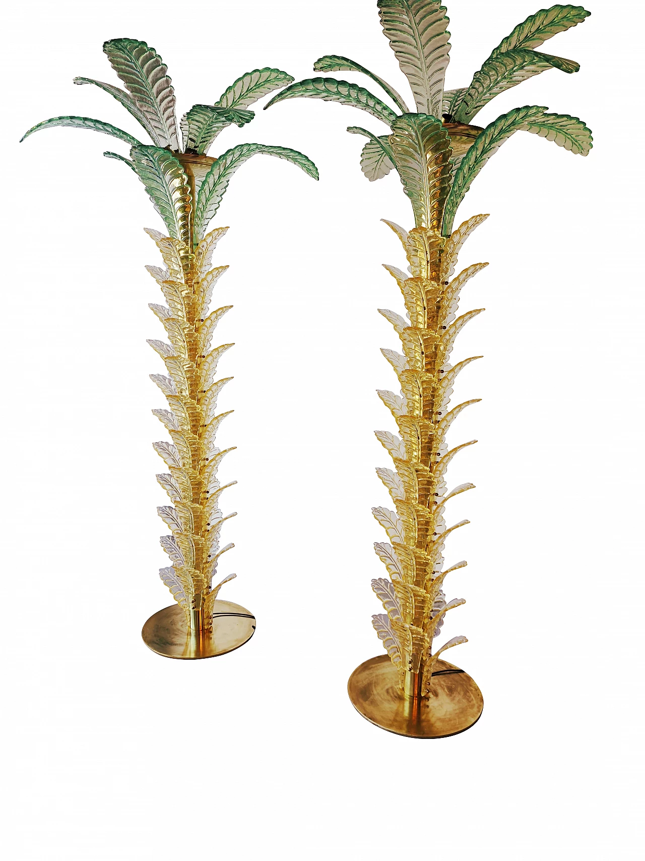 Coppia di lampade da terra a forma di palma in ottone e vetro di Murano, anni '70 1199535