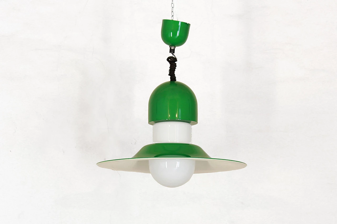 Italian vintage pendant lamp in green and white metal, 70s 1199937