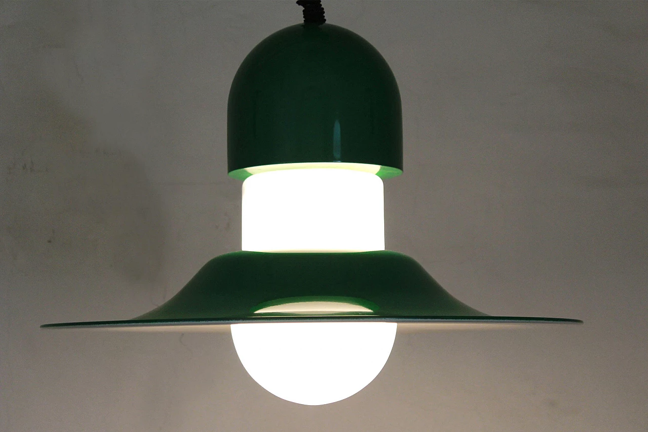 Italian vintage pendant lamp in green and white metal, 70s 1199938