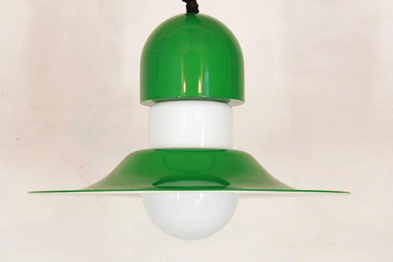 Italian vintage pendant lamp in green and white metal, 70s 1199940