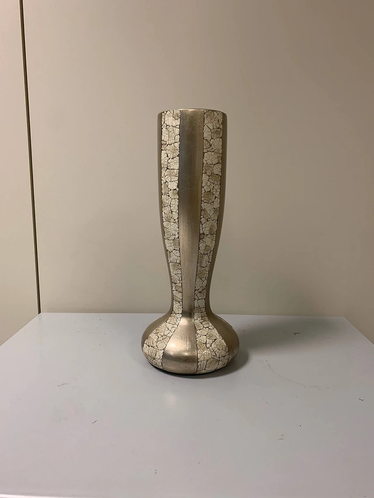 Vase with inserts in natural eggshell and silver leaf, 50s 1200467