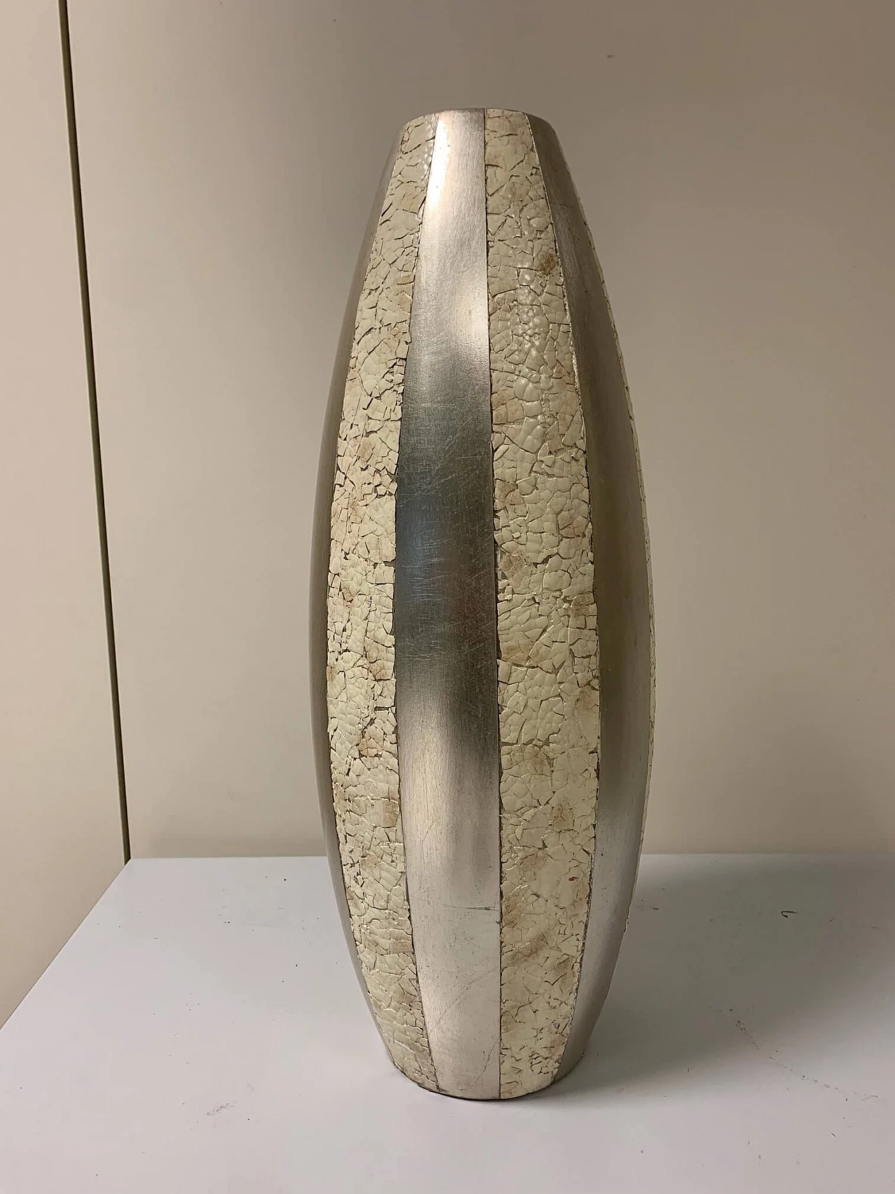 Grande vaso con inserti in guscio d'uovo naturale e foglia d'argento, anni '50 1200498