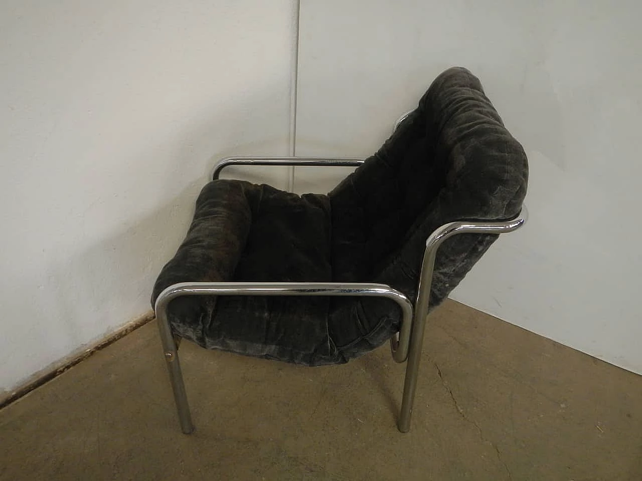 Poltrona in metallo tubolare e tessuto, anni '50 1200543