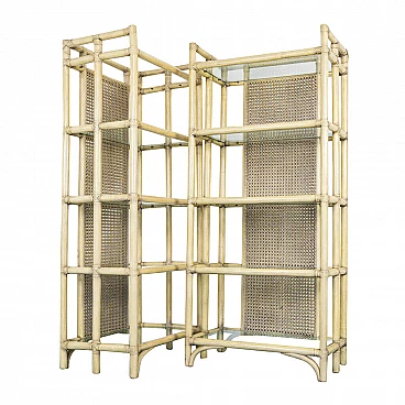 Pair of bookcases in bamboo and glass, 80s