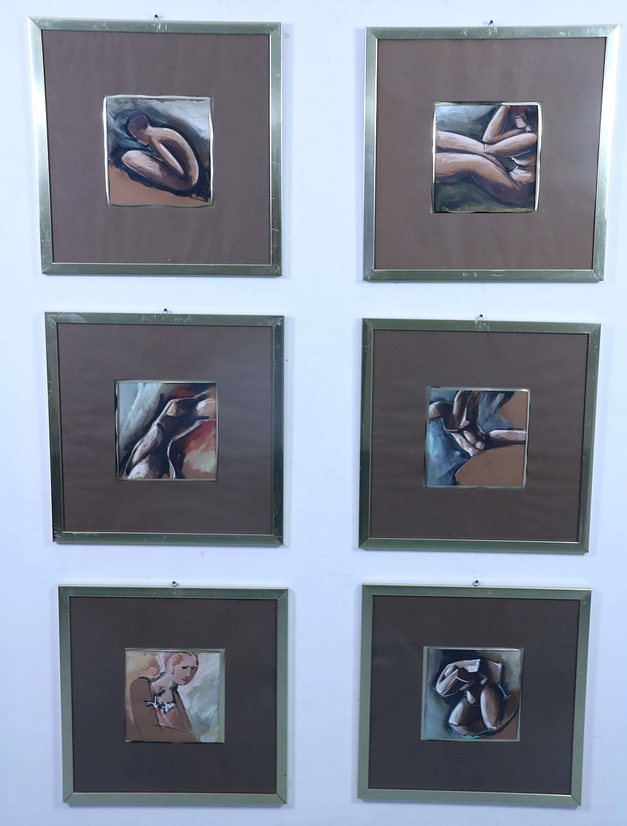 6 Watercolor paintings with brass frame, 1980s 1202143