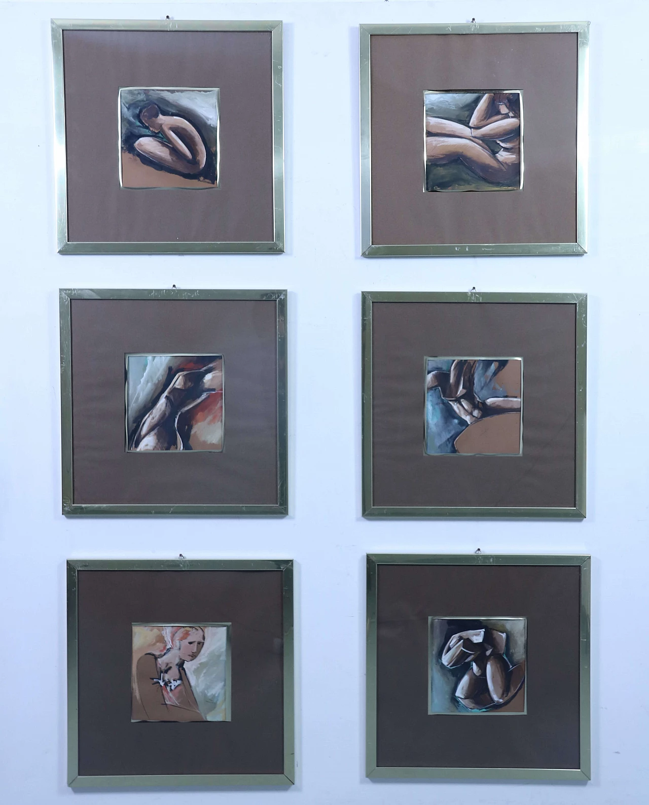 6 Watercolor paintings with brass frame, 1980s 1202144