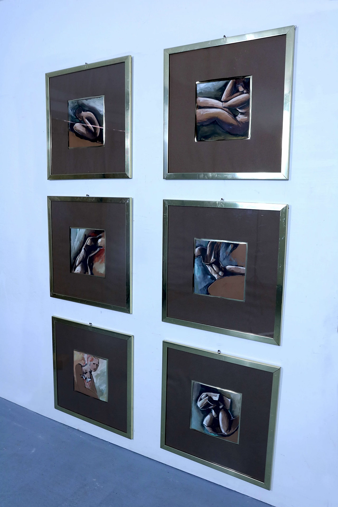 6 Watercolor paintings with brass frame, 1980s 1202154