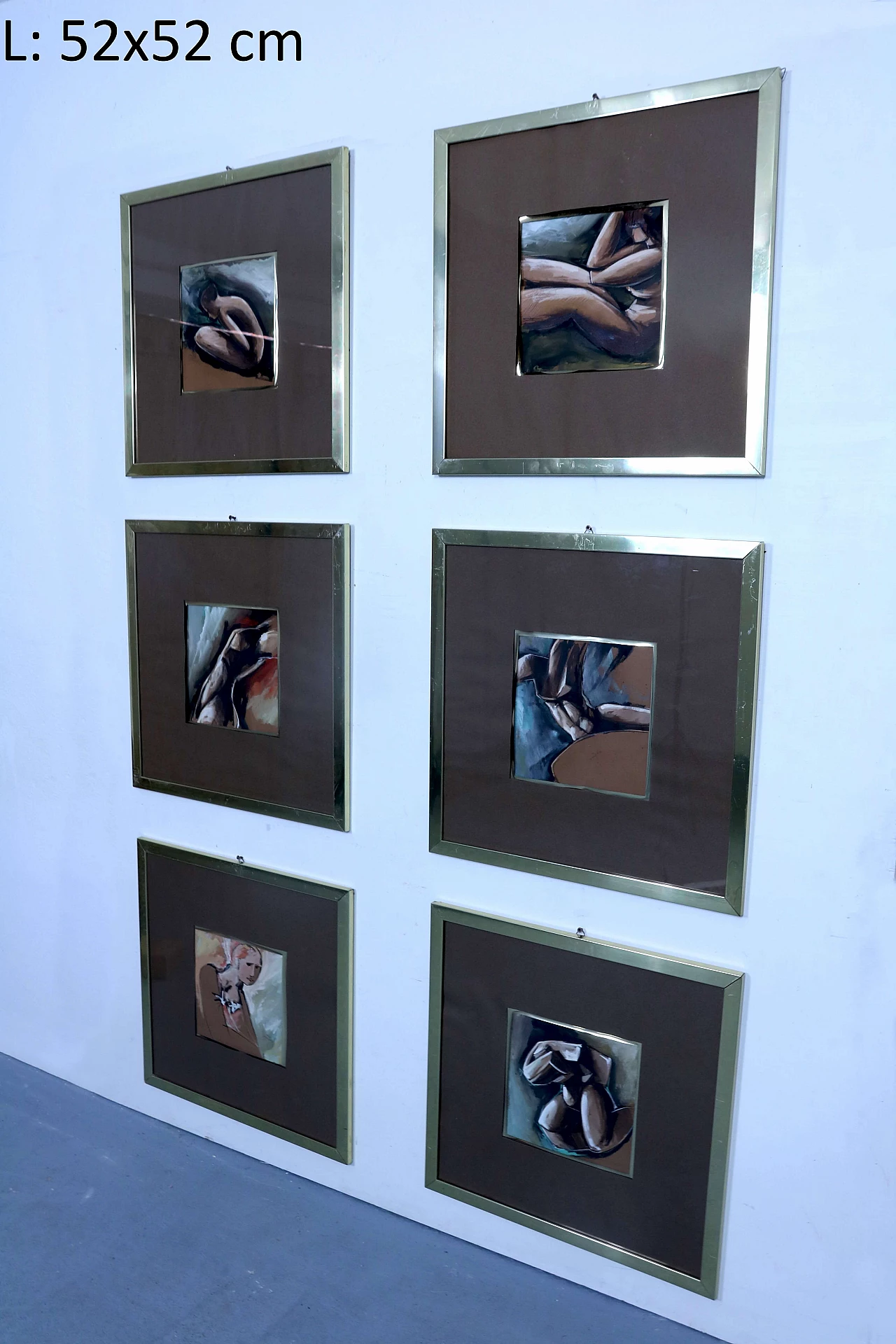 6 Watercolor paintings with brass frame, 1980s 1202156