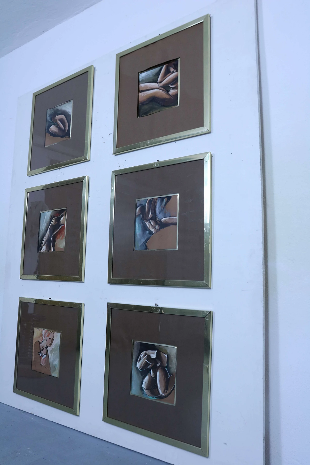 6 Quadretti ad acquerello con cornice in ottone, anni '80 1202160