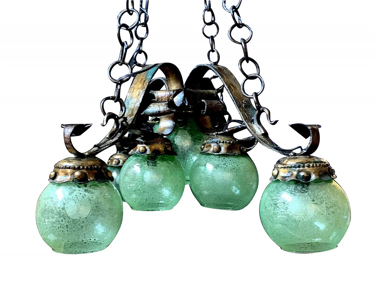 Lampadario in ferro battuto e vetro di Murano di Longobard, anni '60 1202633