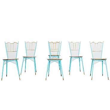 6 Tiffany chairs in brass and wood, 50s